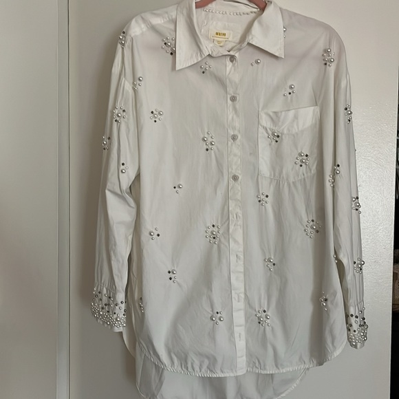 MAEVE by ANTHROPOLOGIE Bennet Button Down Shirt Pearl Embellishment Edition - Picture 8 of 8